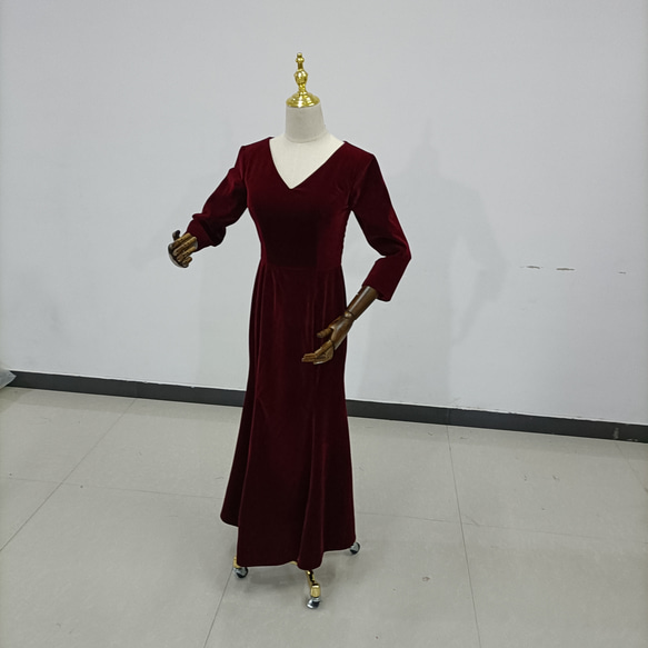 ワインレッド カラードレス 高級ベロア 長袖 Vネックドレス 演奏会/音楽会 カラードレス ドレス