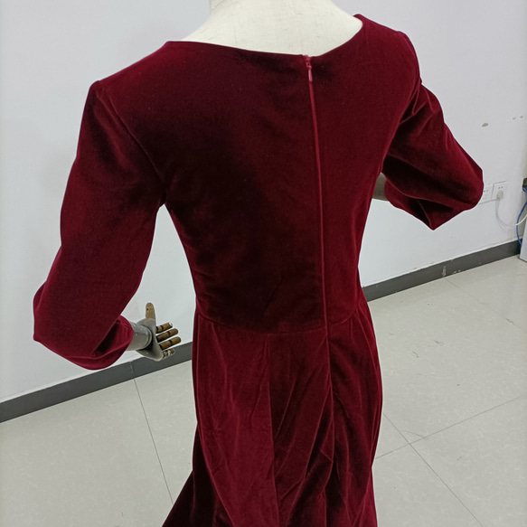 ワインレッド カラードレス 高級ベロア 長袖 Vネックドレス 演奏会/音楽会 カラードレス ドレス