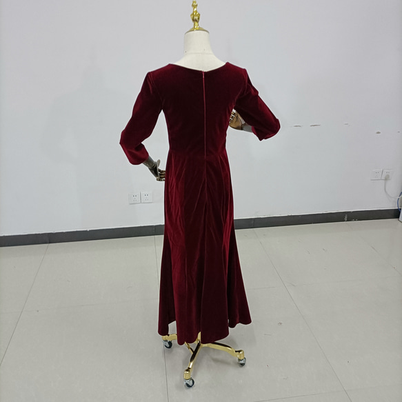 ワインレッド カラードレス 高級ベロア 長袖 Vネックドレス 演奏会/音楽会 カラードレス ドレス