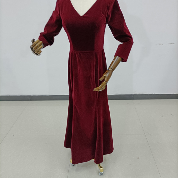 ワインレッド カラードレス 高級ベロア 長袖 Vネックドレス 演奏会/音楽会 カラードレス ドレス