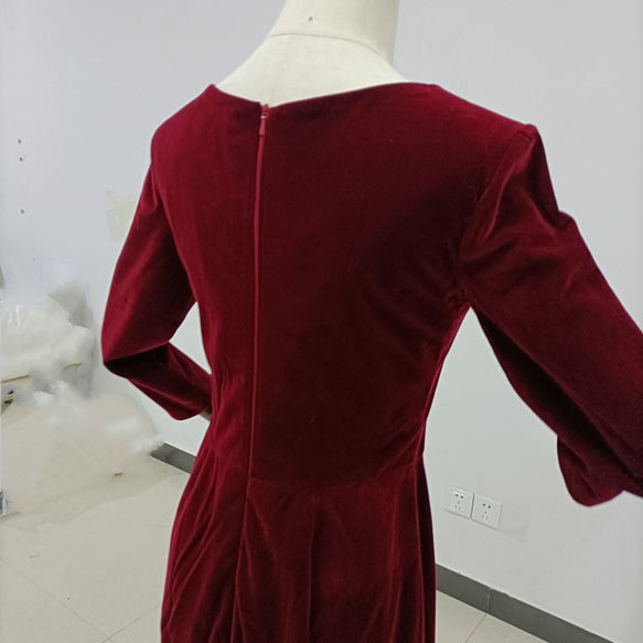 ワインレッド カラードレス 高級ベロア 長袖 Vネックドレス 演奏会/音楽会 カラードレス ドレス