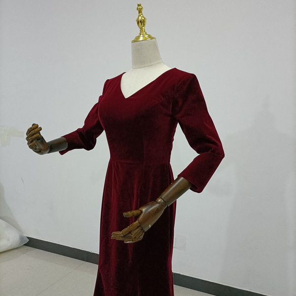 ワインレッド カラードレス 高級ベロア 長袖 Vネックドレス 演奏会/音楽会 カラードレス ドレス