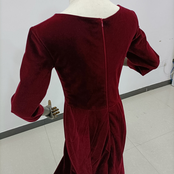ワインレッド カラードレス 高級ベロア 長袖 Vネックドレス 演奏会/音楽会 カラードレス ドレス