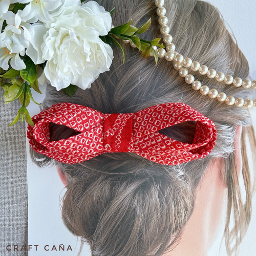 和リボン髪飾り 沈丁花(絞り赤) kimono bow hairclip Jinchouge red