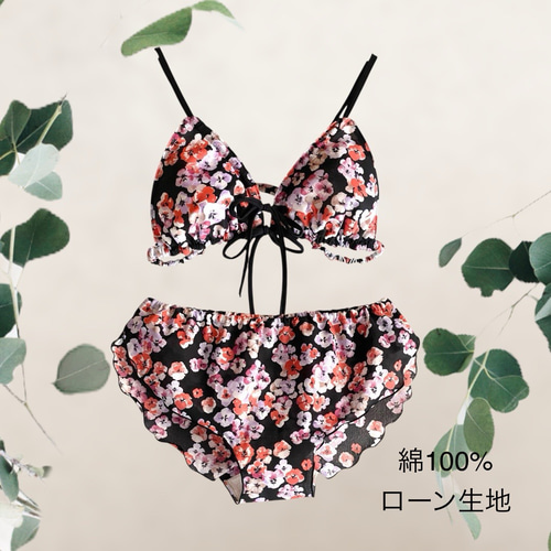 ゆるブラ&ふんどしパンツ 上下セット セットアップインナー 黒×赤花柄