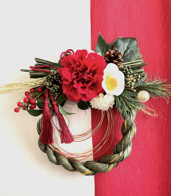 手作りキット＊お正月＊ダリアと白椿で祝う新年しめ縄飾り＊無料
