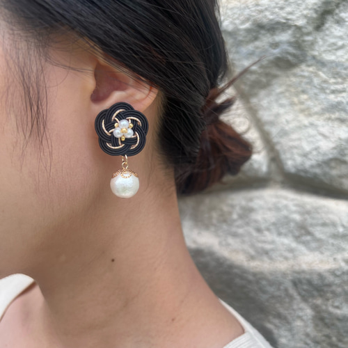 水引ピアス イヤリング 黒梅コットンパール 結婚式 卒業式 成人式