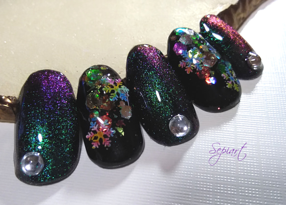 ジェルネイルチップ☆付け爪~バイカラーマグネット~グリーン＆パープル