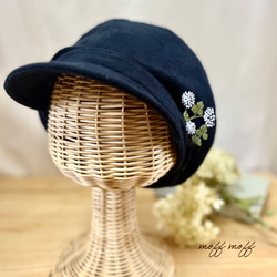 2wayキャスケット秋冬[大人/厚手起毛] 播州織クローバ刺繍 ハンチング帽 ネイビー　帽子　ナチュラル　お出かけ　清楚 2枚目の画像