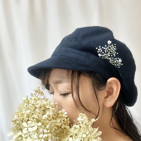 2wayキャスケット秋冬[大人/厚手起毛] 播州織クローバ刺繍 ハンチング帽 ネイビー　帽子　ナチュラル　お出かけ　清楚 10枚目の画像