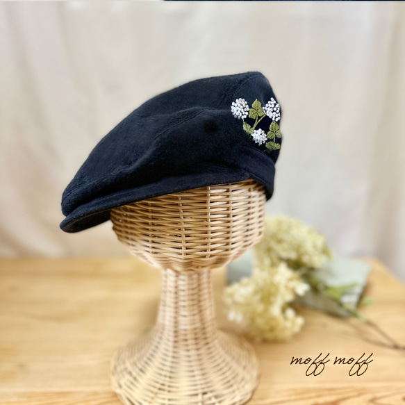 2wayキャスケット秋冬[大人/厚手起毛] 播州織クローバ刺繍 ハンチング帽 ネイビー　帽子　ナチュラル　お出かけ　清楚 5枚目の画像