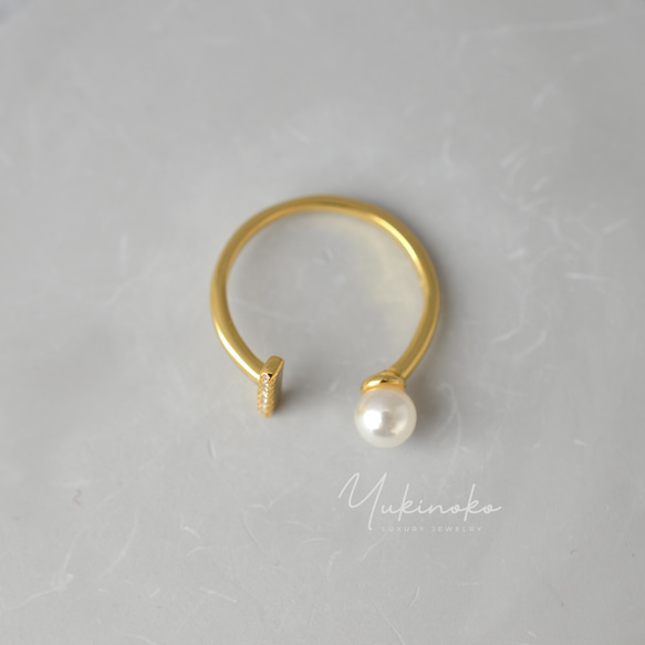 幾何T形黃金開口戒指，鑲有閃亮珍珠和氧化鋯銀925純銀R019 第10張的照片