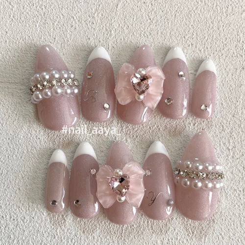 イニシャル無料 ユニコーン フレンチ リボン ネイルチップ ネイル  