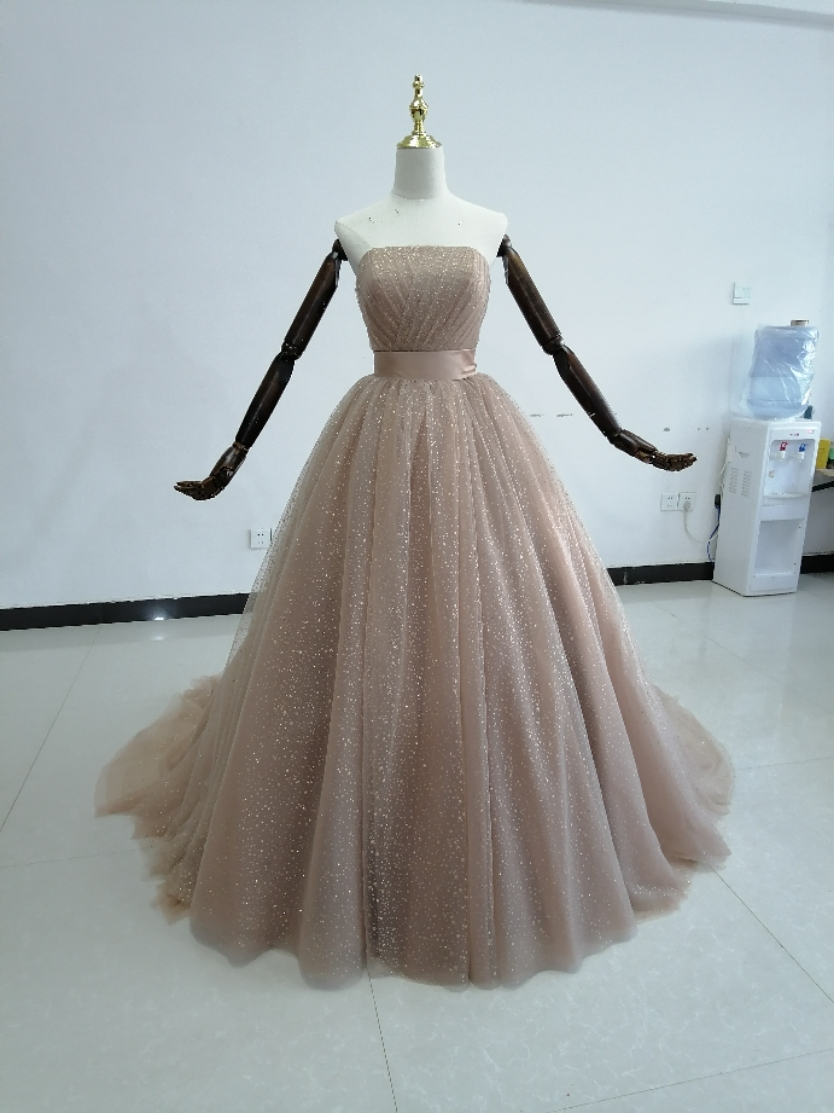 華やか ピンクベージュ キラキラグリッターチュール カラードレス 編み上げ /結婚式/披露宴