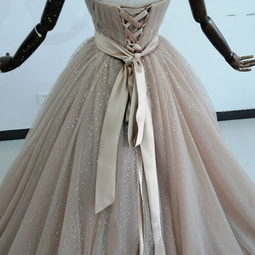 華やか ピンクベージュ キラキラグリッターチュール カラードレス