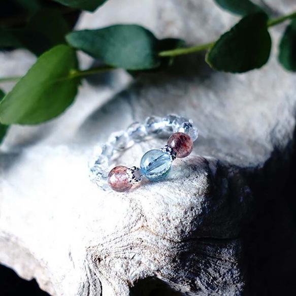 ブルートパーズ ＆ ストロベリークォーツ 水晶リング 指輪 天然石 SV925 1枚目の画像
