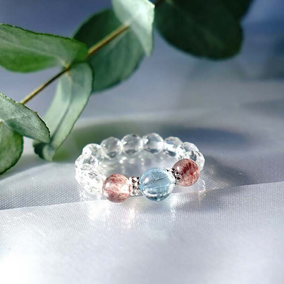藍色托帕石和草莓石英水晶戒指戒指天然石 SV925 第4張的照片