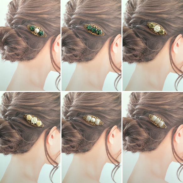 コットンパール キラキラ グリーン カボション 髪留め ヘアクリップ ポニーフック 3枚目の画像
