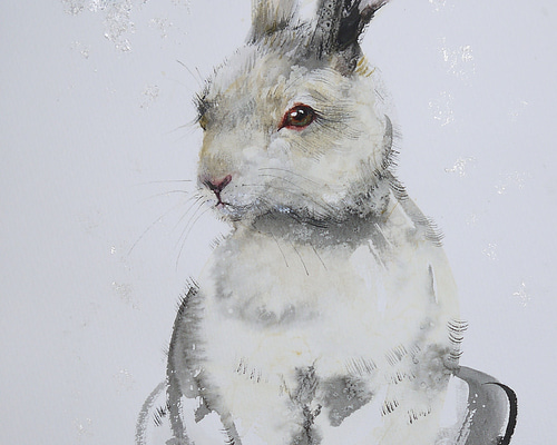宅配便配送 雪とウサギ。(水彩画用紙、墨絵、21cm×29cm、A4サイズ、墨 絵画