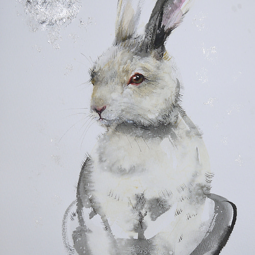 雪とウサギ。(水彩画用紙、墨絵、21cm×29cm、A4サイズ、墨