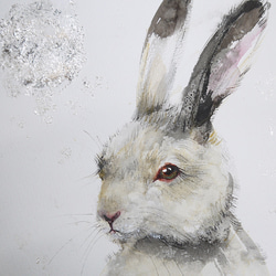 雪とウサギ。(水彩画用紙、墨絵、21cm×２９ｃｍ、Ａ４サイズ、墨、銀箔） 2枚目の画像