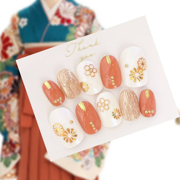 成人式や前撮りや振袖に◇テラコッタと金のミラーアートの和柄のネイル