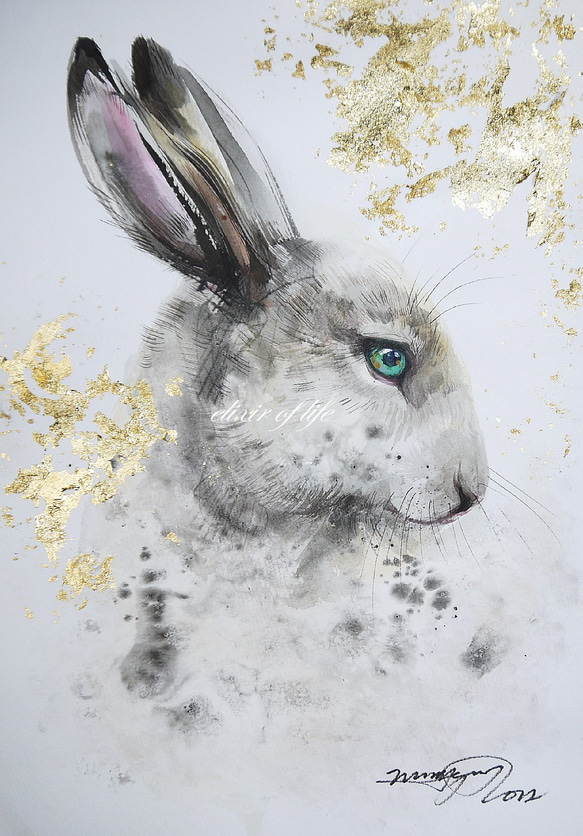 ウサギの横顔２０２２(水彩画用紙、墨絵、21cm×２９ｃｍ、Ａ４サイズ、墨、金箔） 1枚目の画像