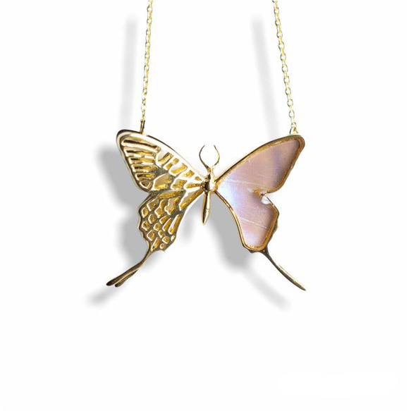 本物の蝶の羽　透かしデザインアゲハ蝶ネックレス　スルコウスキーモルフォ　[zps027g-sul] 1枚目の画像