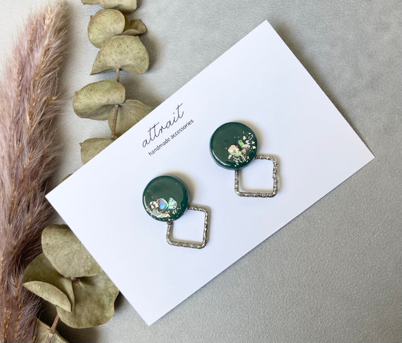 ニュアンスデザインレジンピアス/シルバーリング/グリーン ピアス