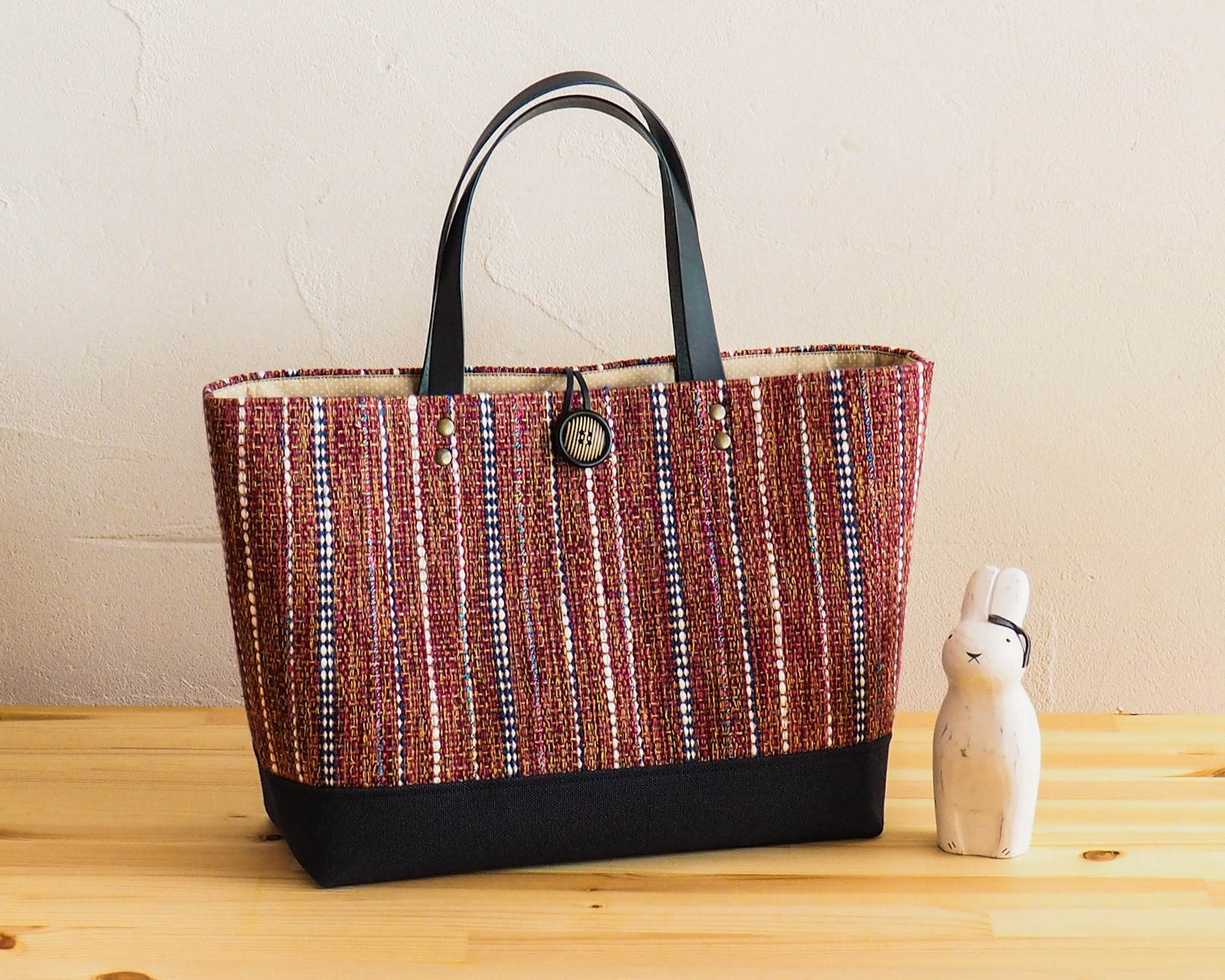 【再販】秋色ミックスツイード調手織り布の横長トート（ワイン）