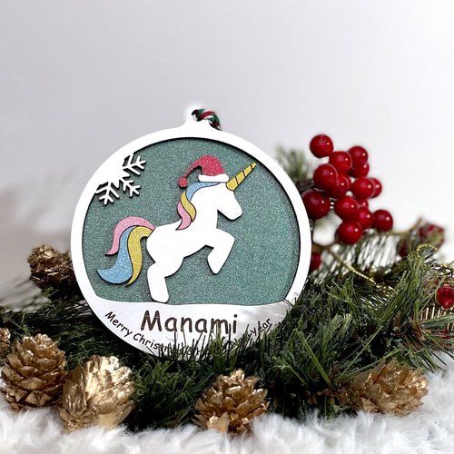 ユニコーンのクリスマスオーナメント 名入れ 置台付き 雑貨・その他