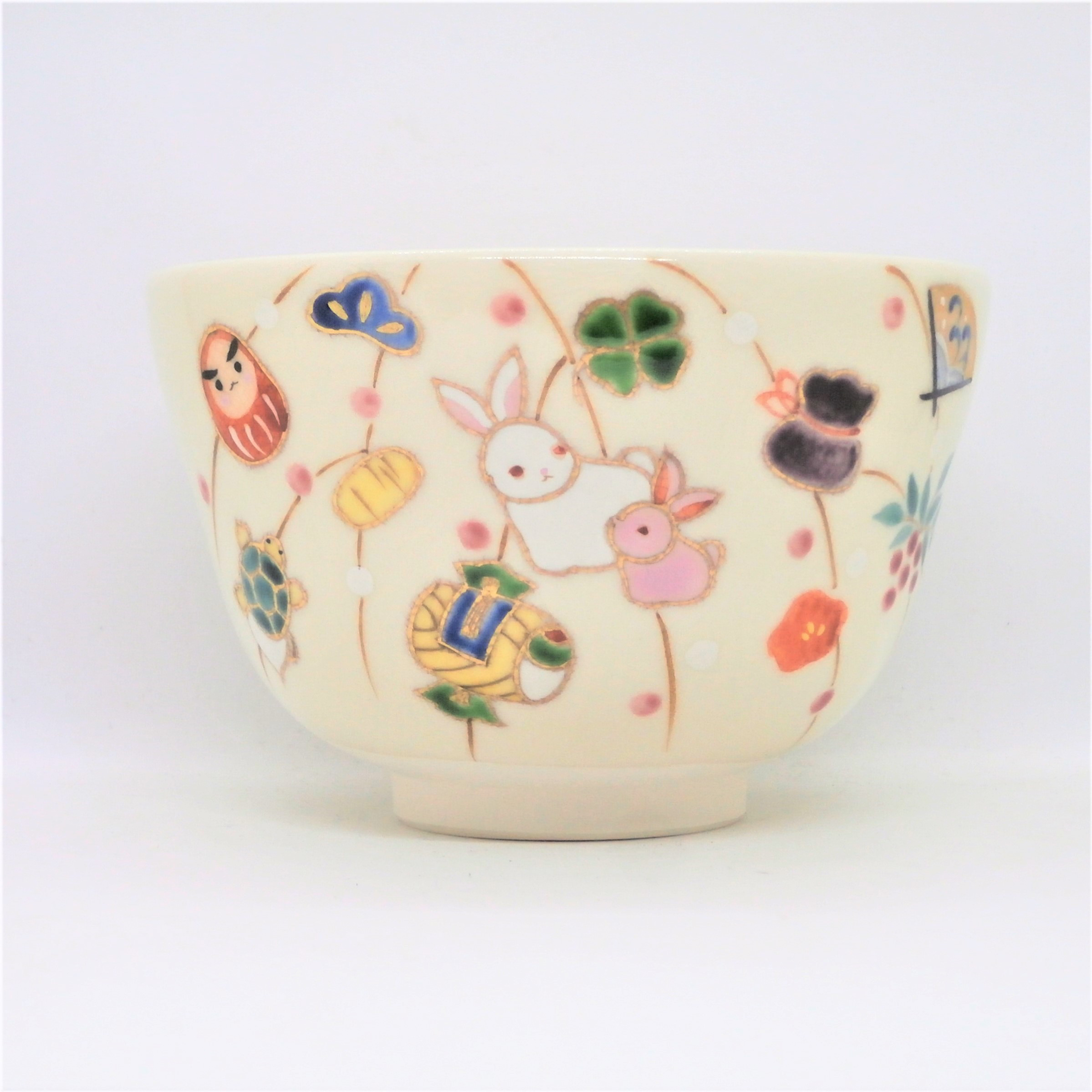 茶盌「干支　うさぎ・餅花」京焼・清水焼　京都　伝統工芸品　清水焼　抹茶盌　抹茶　縁起物　宝尽くし　だるま　南天