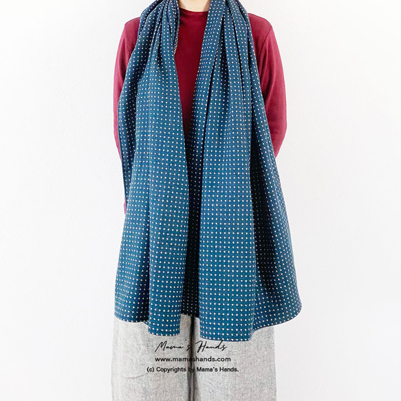 大號藍綠x米色圓點編織羊毛中厚優質秋冬披肩 第8張的照片