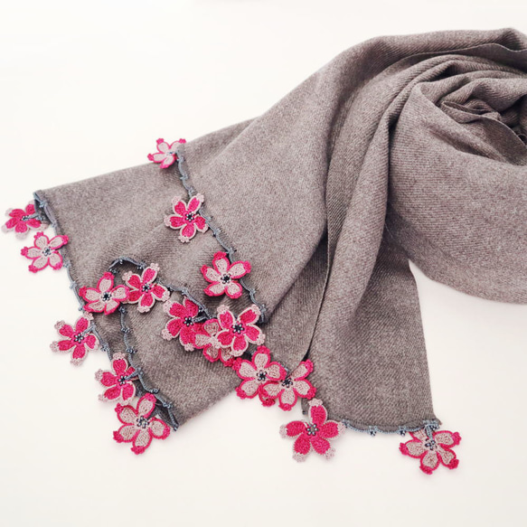 [Made to order] OYA Pashmina shawl [SAKURA] Charcoal gray 第5張的照片
