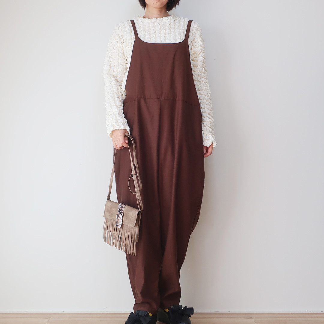 夏から秋冬 大人可愛い ブラウンコットン 下半身ほそ見えサロペット（フリーサイズ／茶色）