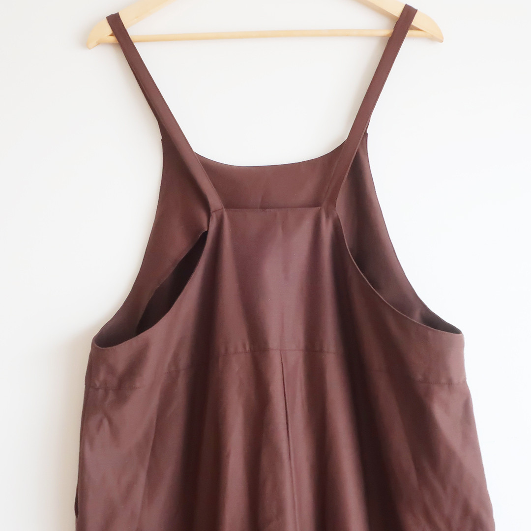 夏から秋冬 大人可愛い ブラウンコットン 下半身ほそ見えサロペット（フリーサイズ／茶色）