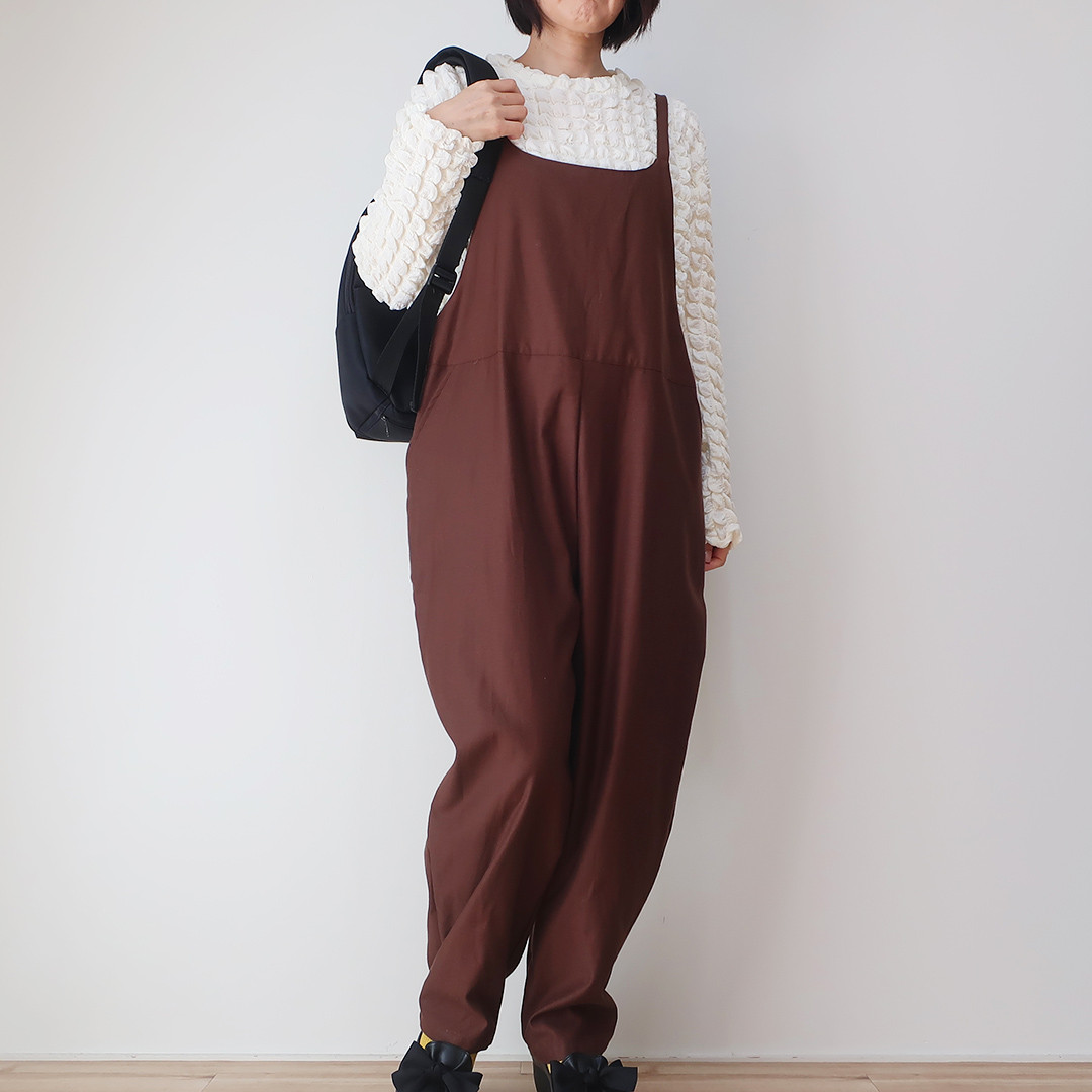 夏から秋冬 大人可愛い ブラウンコットン 下半身ほそ見えサロペット（フリーサイズ／茶色）