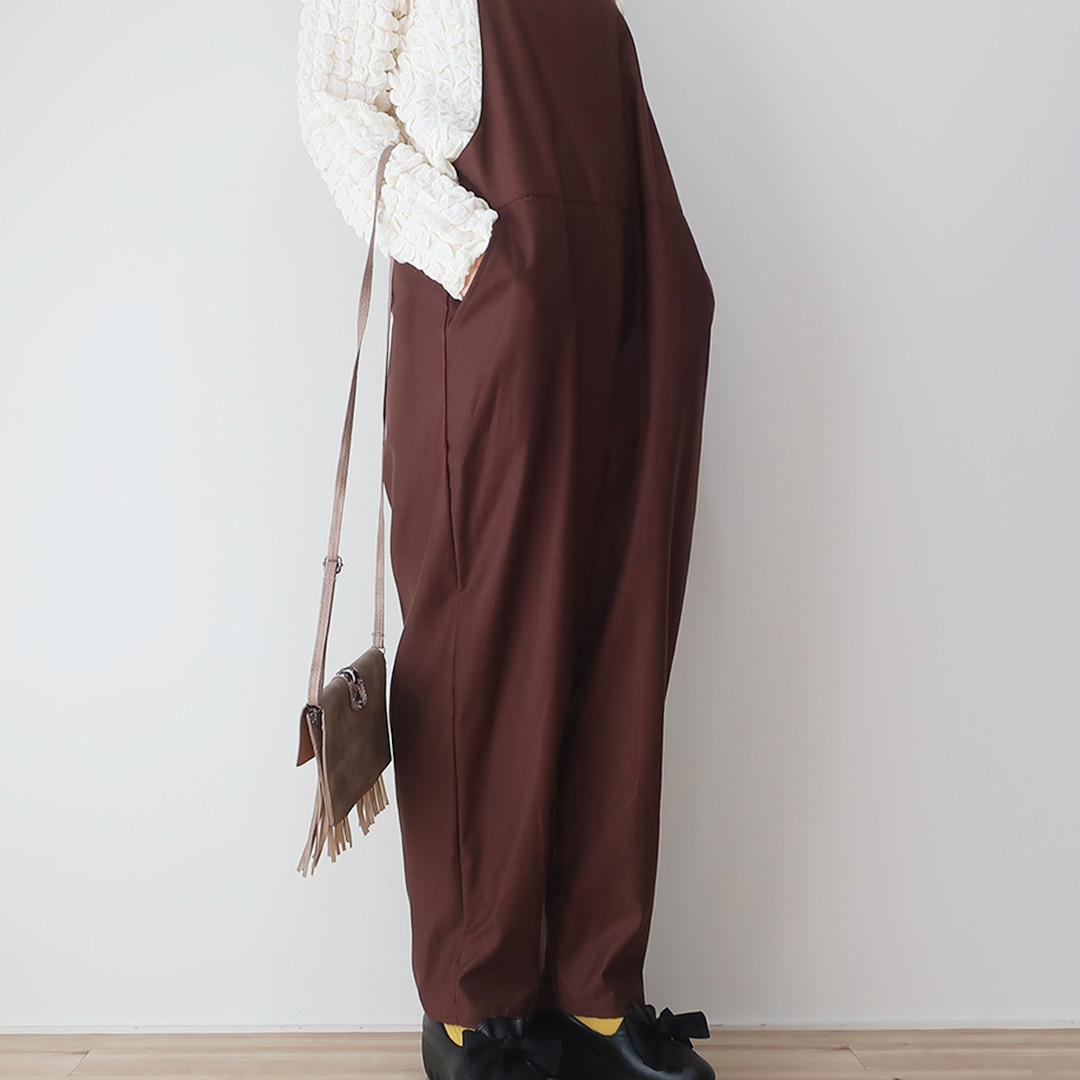 夏から秋冬 大人可愛い ブラウンコットン 下半身ほそ見えサロペット（フリーサイズ／茶色）