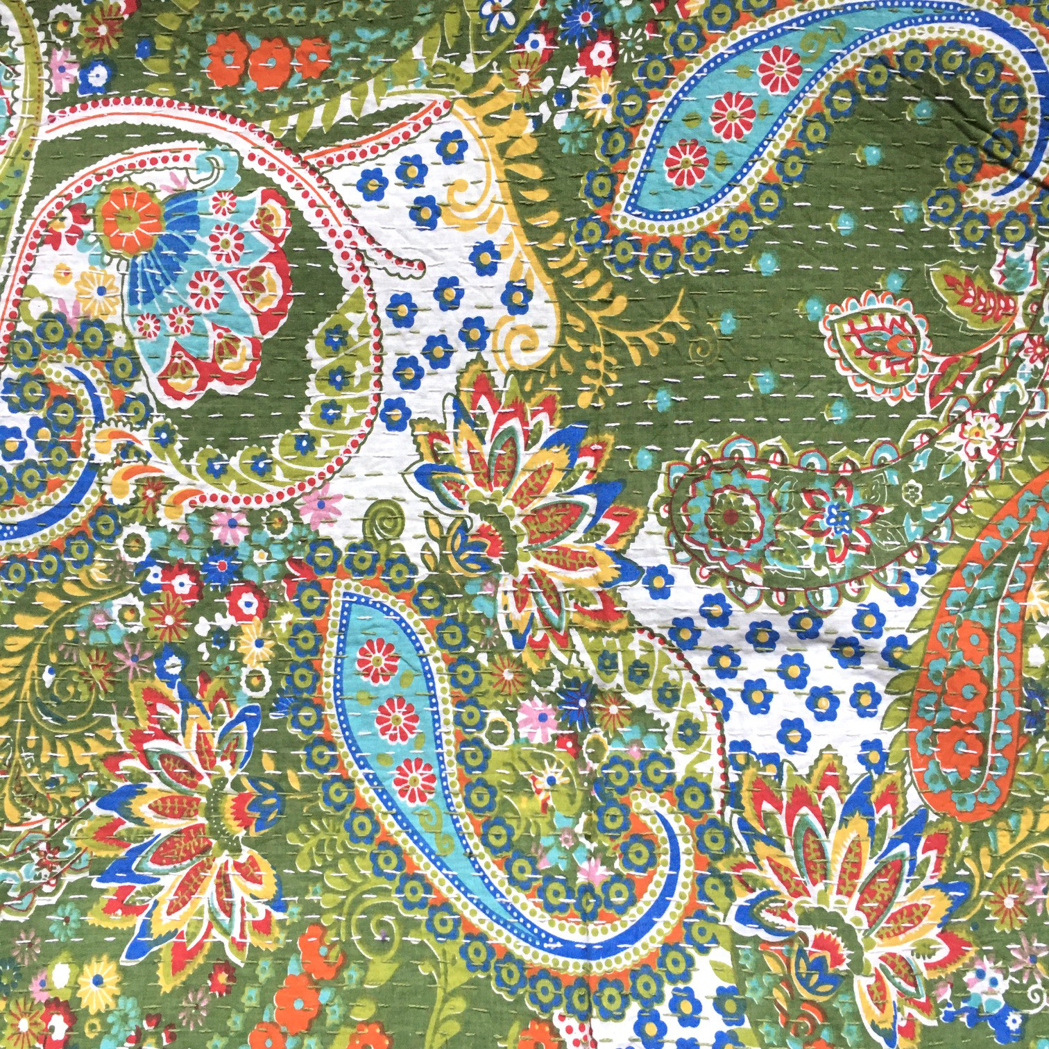 ブロックプリント　マルチカバー　ペーズリー：Paisley グリーン　約260×225cm