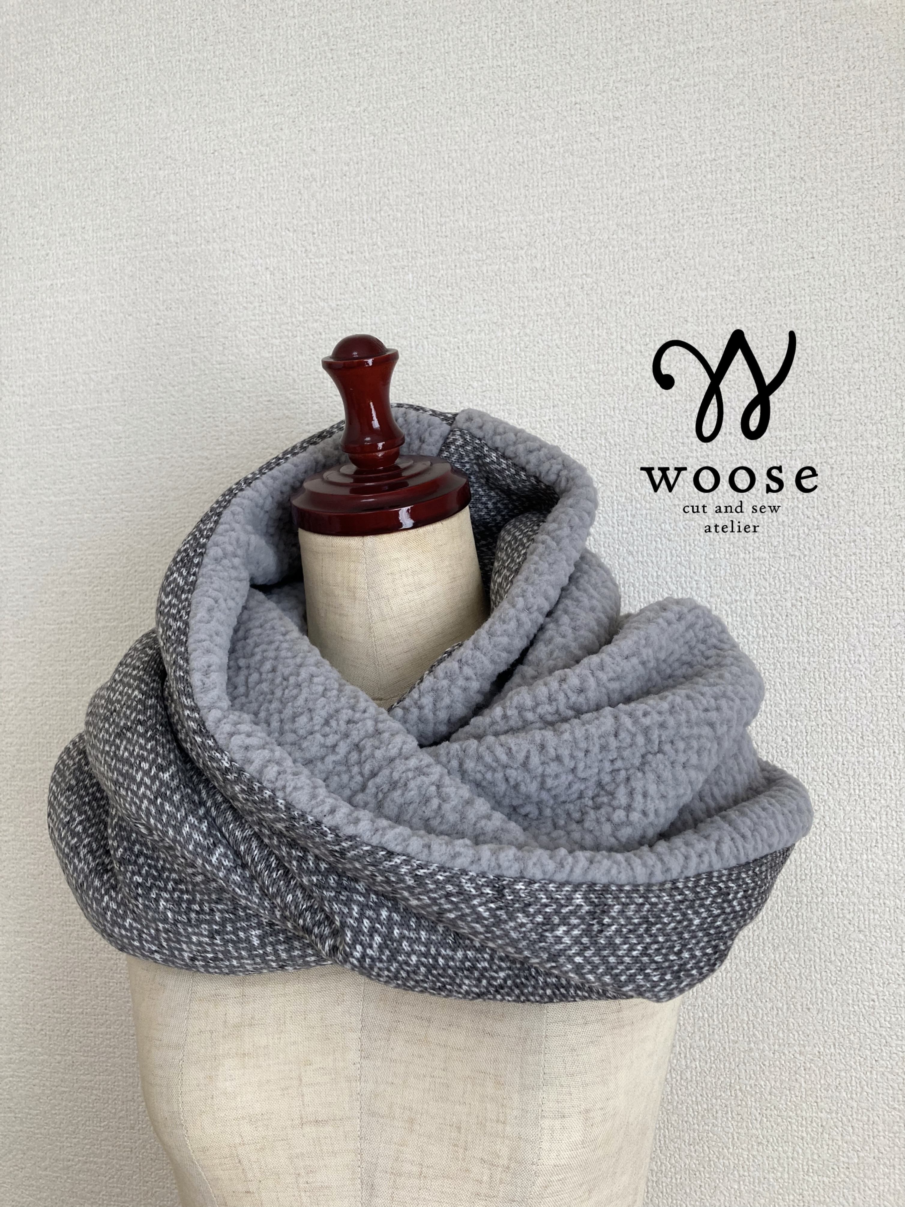【7日以内発送】ぬくもりの贈りもの♪【ねじりスヌード】ホームスパン柄×モコモコボア★ グレー×グレー