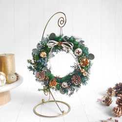 大人のゴールドクリスマスリース ミニ 再販】-Noël- ゴールドスタンド付きミニリース 卓上 2way コンパクト