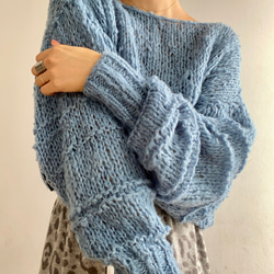 手編みモヘアニット クロップ丈 長め袖 水色 ニット・セーター Vivat