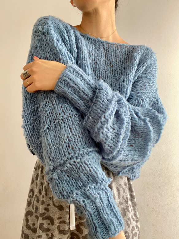 手編みモヘアニット クロップ丈 長め袖 水色 ニット・セーター Vivat