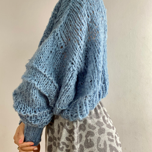 ハンドメイド 手編み ブルーのベッドカバー モヘア モチーフ