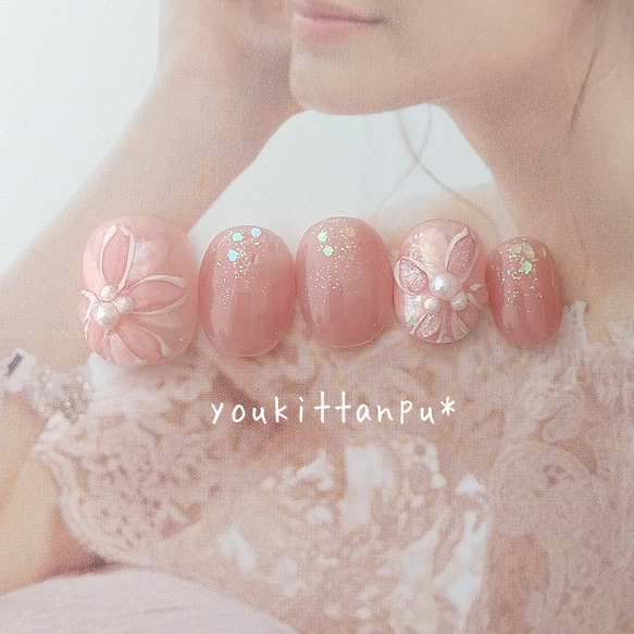 ぷっくりピンクフラワー＊ネイルチップ 付け爪 つけ爪 ウェディング 白  