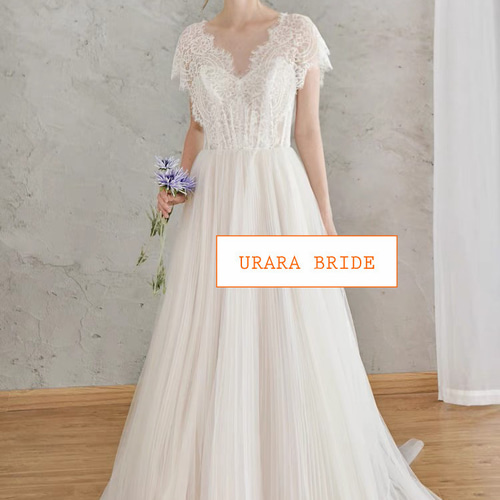 バックV Vネック パフリーブ レース チュールウエディングドレス