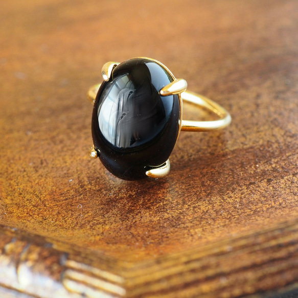 新入荷♡ブルーオニキスビッグ月♡No.1247 大粒 ピアノブラックな漆黒オニキスのシンプルリング ・メンズライクな