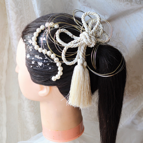 再販☆ポニーテール 水引パールアレンジ 紐タッセルリボン ホワイト
