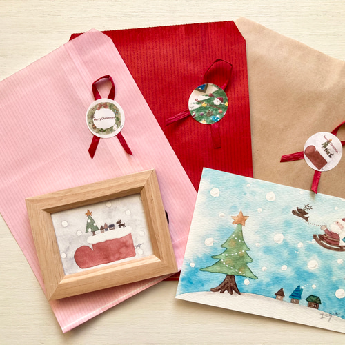 透明水彩画 ミニ額「くまちゃんのクリスマス」北欧イラスト