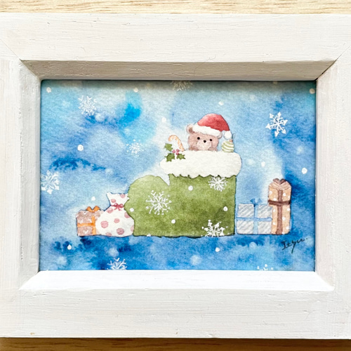 透明水彩画 ミニ額「くまちゃんのクリスマス」北欧イラスト 透明水彩画 ミニ額「くまちゃんのクリスマス」北欧イラスト